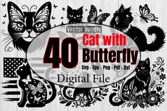 Cat with Butterfly SVG Bundle, Cute Cat
