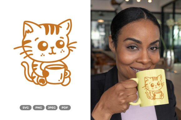Cute Cat Drinking Coffee SVG
