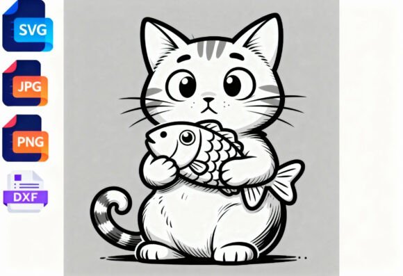 Cute Cat Holding Fish SVG Clipart
