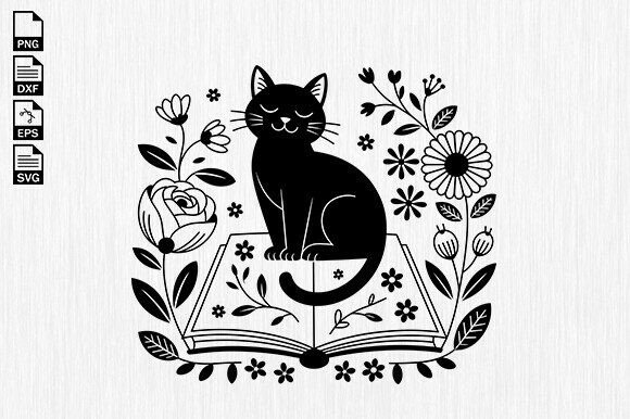 Floral Cat Reading Book SVG