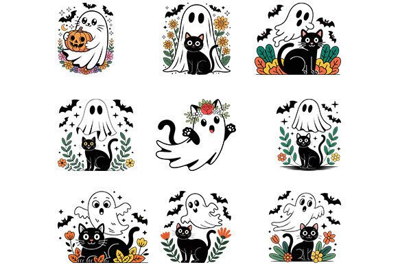 Ghost and Cat Halloween Floral SVG Bundle