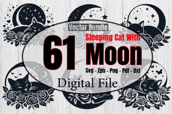 Sleeping Cat with Roses SVG Bundle, Moon